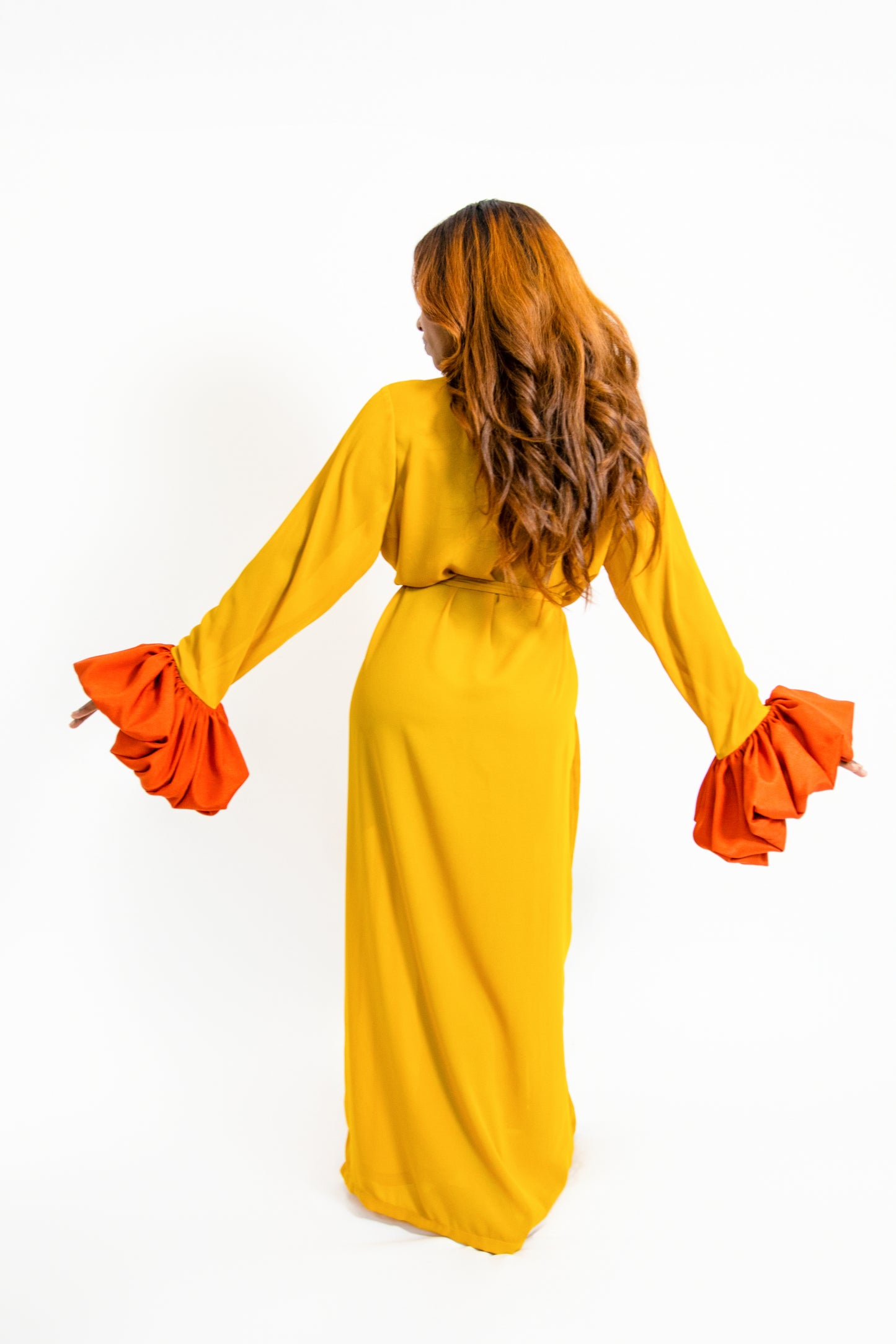 SUAH ROBE IN MUSTARD AND BRUNT ORANGE