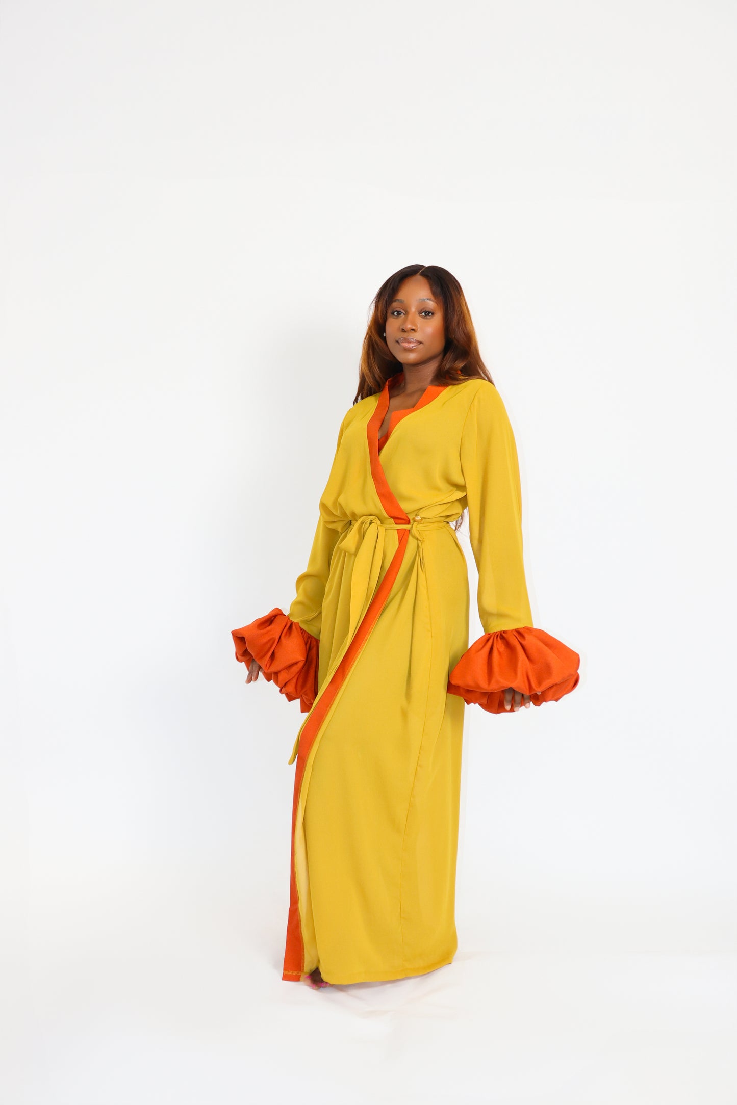 SUAH ROBE IN MUSTARD AND BRUNT ORANGE