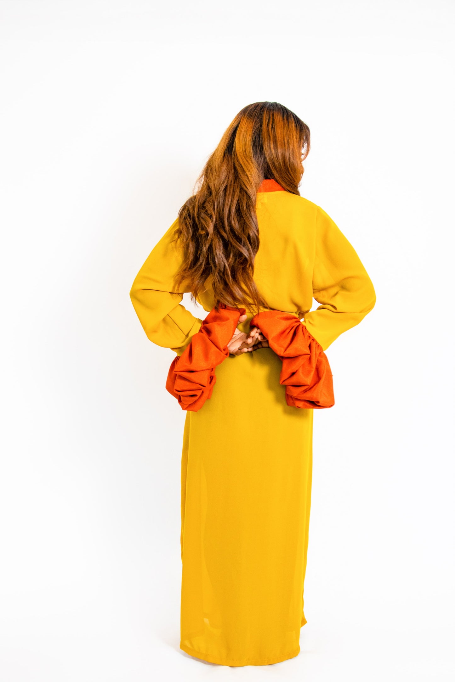 SUAH ROBE IN MUSTARD AND BRUNT ORANGE