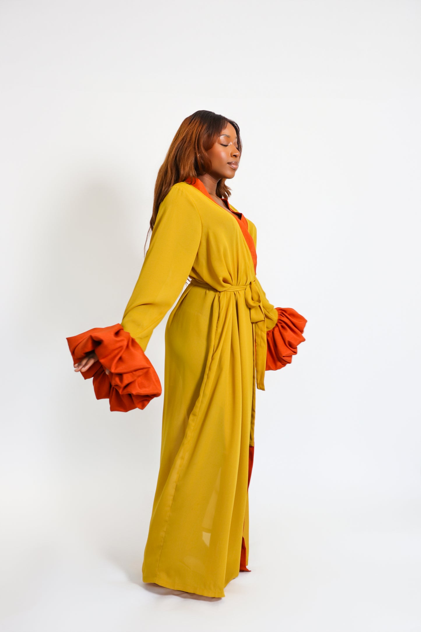 SUAH ROBE IN MUSTARD AND BRUNT ORANGE