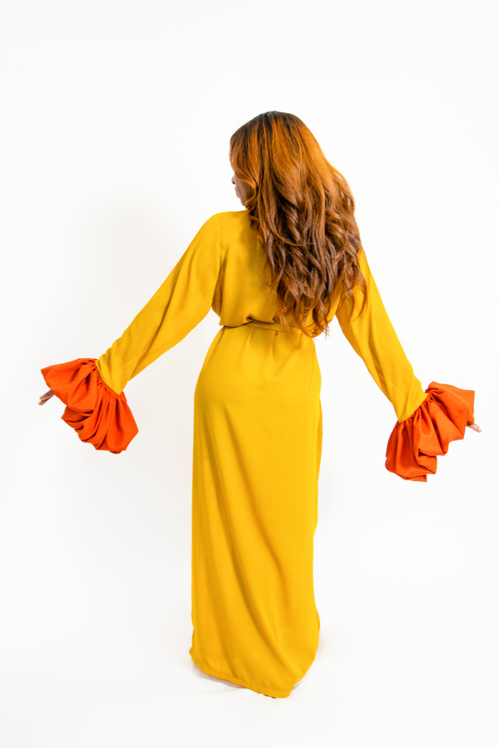 SUAH ROBE IN MUSTARD AND BRUNT ORANGE